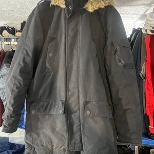 Marc New York Black Military Field Coat with Fur-Trimmed Hood